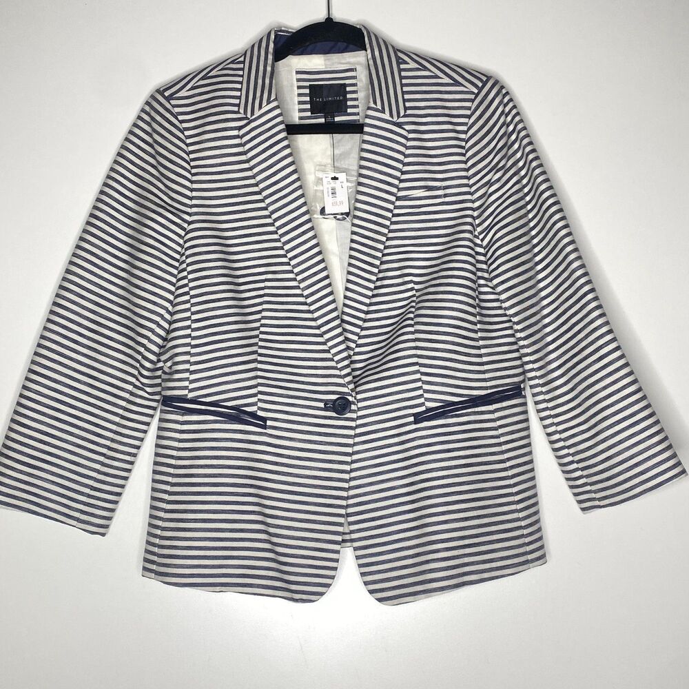 New The Limited Cotton Linen Striped One Button Blazer Jacket Women's Size Large